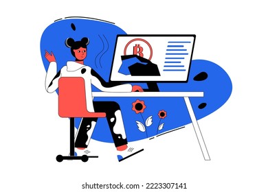 Cryptocurrency mining blue concept with people scene in the flat cartoon design. Girl follows cryptocurrency exchanges and changes in that. Vector illustration.