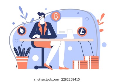 Cryptocurrency mining blue concept with people scene in the flat cartoon design. Woman works in the field of cryptocurrencies and earns money from it. Vector illustration.