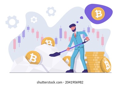 Cryptocurrency mining. A businessman with a shovel mines cryptocurrency.