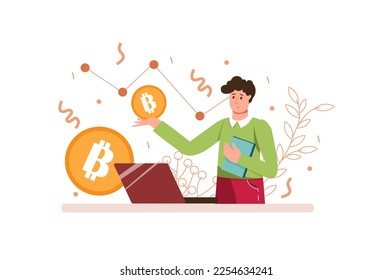 Cryptowährung Mining Farbkonzept mit Menschen Szene in der flachen Cartoon-Stil. Der Mensch beschäftigt sich mit der Kryptowährungsgewinnung und verdient viel Geld. Vektorgrafik.