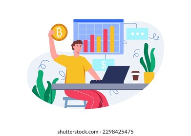 Concepto de color de minería de criptodivisa con escena de personas en el diseño de dibujos planos. El hombre trabaja en el mercado de valores e investiga el cambio de las criptomonedas. Ilustración vectorial.