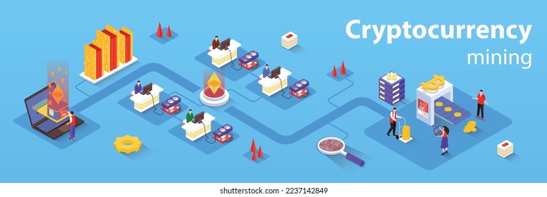 Banner de la web de infografías isométricas 3d del concepto de minería de criptodivisa. La gente trabaja en la granja de minas, monitorean el funcionamiento del equipo para recibir bitcoins. Ilustración vectorial en el diseño gráfico isométrico