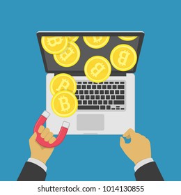 Cryptocurrency mining concept. Businessman receives bitcoins from the computer. Mining crypto currency from laptop. Vector illustration in flat style. EPS 10.