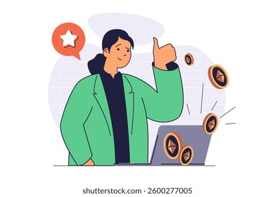 Cryptocurrency mining concept with cartoon people in flat design for web. Woman mining bitcoins and other crypto coins, making transactions and trading at virtual platform. Vector illustration.