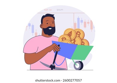 Cryptocurrency mining concept with cartoon people in flat design for web. Man using virtual farm for bitcoin and other crypto coins mining, trading digital money at platform. Vector illustration.
