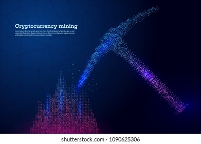 Cryptocurrency mining concept. Digital vector with pickaxe and mountain technology illustration. Futuristic digital money.