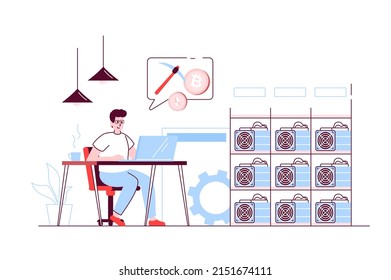 Cryptocurrency mining concept in flat line design. Man using laptop for sell and buy crypto money, creating him own farm for bitcoin mining. Vector illustration with outline people scene for web