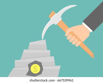 Cryptocurrency mining concept. Hand holding a pickaxe above a chunk of stone