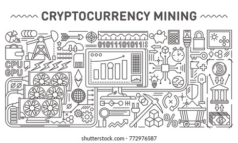 Cryptocurrency mining concept illustrations with line style vector icons and objects, crypto currency mining symbols collection.
