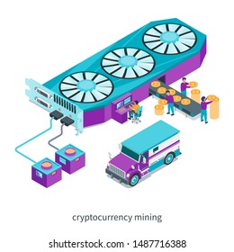 Cryptocurrency mining concept. Images of people mining cryptocurrency. Mock-up for website and mobile website. Isometric vector illustration