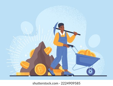 Cryptocurrency mining concept. Man carrying cart with bitcoin, modern technology and digital world. Investing and trading, passive income and financial literacy. Cartoon flat vector illustration