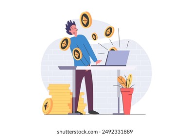 Cryptocurrency mining concept in modern flat design for web. Man works with digital farm at laptop and gets different crypto money, selling digital coins at virtual marketplace. Vector illustration.