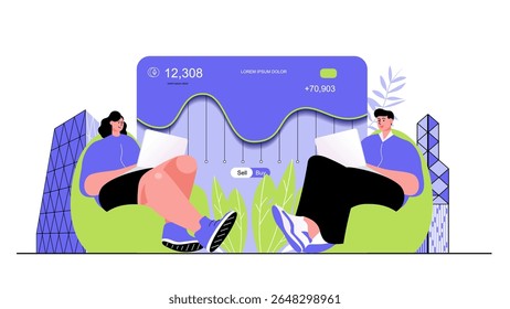 Conceito de mineração de criptomoeda para design web moderno. As pessoas que compram moeda criptográfica, extraindo bitcoins e outro dinheiro digital, aumentam o lucro. Ilustração de vetor plano isolada em fundo branco.