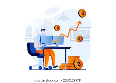 Cryptocurrency mining concept with people scene in flat cartoon design. Man mines bitcoins using computer, analyzes market data and increases money profit. Vector illustration visual story for web