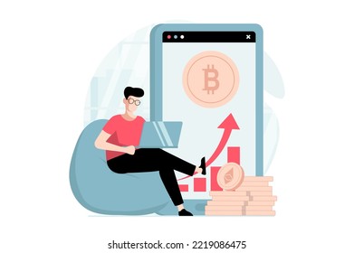 Cryptocurrency mining concept with people scene in flat design. Man mines bitcoin coins and analyzes exchange data using laptop and mobile app. Vector illustration with character situation for web