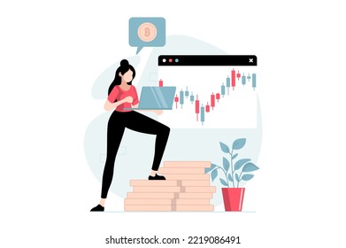 Cryptowährung Mining Konzept mit Menschen Szene in flachem Design. Frauen verkaufen Bitcoins an virtuellen Börsen und analysieren kryptoMarkttrends. Vektorgrafik mit Zeichensituation im Web