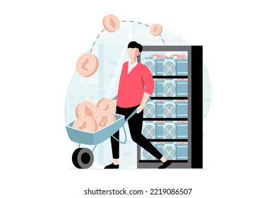 Cryptocurrency mining concept with people scene in flat design. Man is carrying bitcoins, litecoins and ethereum in wheelbarrow at farm hardware. Vector illustration with character situation for web