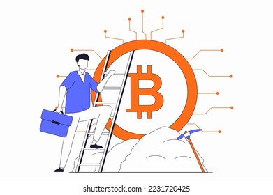 Cryptocurrency mining concept with people scene in flat outline design. Man mines bitcoin on crypto farm to earn money and increase profits. Vector illustration with line character situation for web