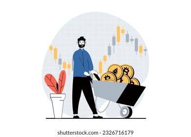Cryptocurrency mining concept with people scene in flat design for web. Man with wheelbarrow mining different crypto money and coins. Vector illustration for social media banner, marketing material.