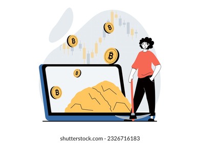 Cryptocurrency mining concept with people scene in flat design for web. Man with pickaxe working in mining crypto business at laptop. Vector illustration for social media banner, marketing material.