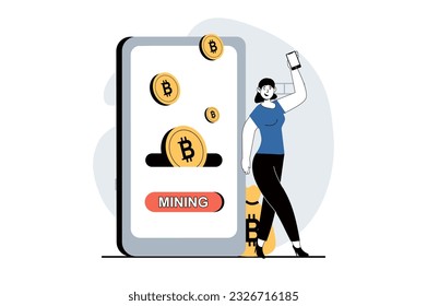 Cryptocurrency mining concept with people scene in flat design for web. Woman mining bitcoins and monitoring process at mobile app. Vector illustration for social media banner, marketing material.