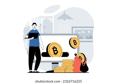 Cryptocurrency mining concept with people scene in flat design for web. Man mining bitcoins, earning money at virtual crypto wallets. Vector illustration for social media banner, marketing material.