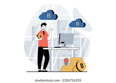Cryptocurrency mining concept with people scene in flat design for web. Man mining bitcoins, using cloud computing at data center. Vector illustration for social media banner, marketing material.
