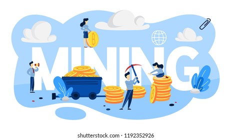 Cryptocurrency mining concept. People working with bitcoin piles around. Idea of blockchain and digital innovation. Flat vector illustration