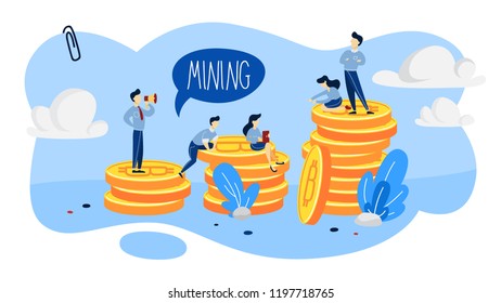 Cryptocurrency mining concept. People working with bitcoin piles around. Idea of blockchain and digital innovation. Flat vector illustration