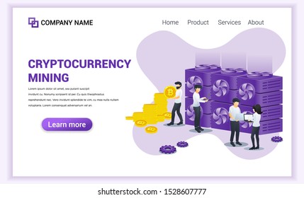 Cryptocurrency mining concept with people working mining bitcoins on laptop. Digital currency, investment, finance and trading. Can used for Web banner, landing page. Modern flat vector illustration