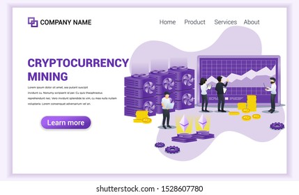 Cryptocurrency mining concept with people working on screen and laptop. Digital currency, investment, finance and trading. Can used for Web banner, landing page. Modern flat vector illustration