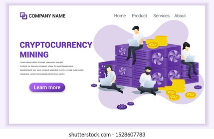 Cryptocurrency mining concept with people working mining bitcoins on laptop. Digital currency, investment, finance and trading. Can used for Web banner, landing page. Modern flat vector illustration