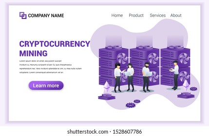 Cryptocurrency mining concept with people working mining bitcoins on laptop. Digital currency, investment, finance and trading. Can used for Web banner, landing page. Modern flat vector illustration