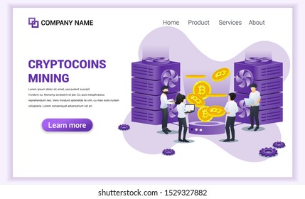 Cryptocurrency mining concept with people working mining bitcoins. Digital currency, investment, finance, trading. Can used for Web banner,  infographics, landing page. Modern flat vector illustration