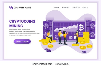 Cryptocurrency mining concept with people working on screen and laptop displaying graphic data. mining bitcoins. Can used for Web banner, infographics, landing page. Modern flat vector illustration