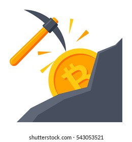 Cryptocurrency mining concept with pickaxe and bitcoin in mountain