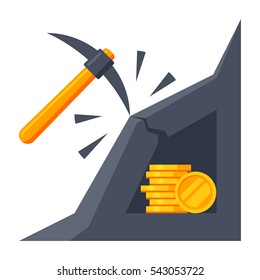 Cryptocurrency mining concept with pickaxe, coins in mountains