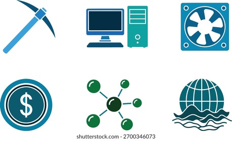 Cryptocurrency mining concept with pickaxe computer fan dollar and globe icons