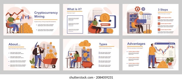 Cryptocurrency mining concept for presentation slide template. People sell and buy bitcoins, analyze financial data growth, crypto business. Vector illustration with flat persons for layout design