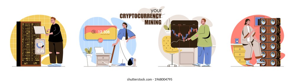 Cryptocurrency mining concept scenes set. Bitcoin mining farms, digital money technology, trade on market currency. Collection of people activities. Vector illustration of characters in flat design
