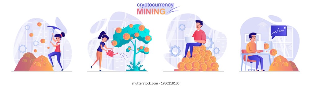 Cryptocurrency mining concept scenes set. Woman and man mine coins, invest in digital money, increase income, profit. Collection of people activities. Vector illustration of characters in flat design