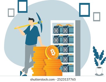 Cryptocurrency Mining Concept - Vector Illustration of a Miner Extracting Cryptocurrency Bitcoin with Advanced Technology and Mining Equipment