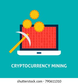 Cryptocurrency Mining Concept. Vector Illustration with Laptop and Financial Technology.