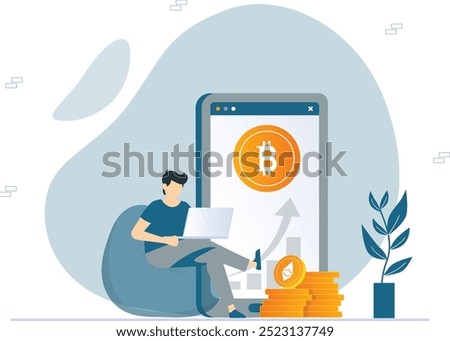 Cryptocurrency Mining Concept - Vector Illustration of a Miner Extracting Cryptocurrency Bitcoin with Advanced Technology and Mining Equipment