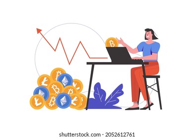 Cryptocurrency mining concept. Woman earns in crypto business, buys or sells digital money, people scene isolated. Blockchain technology and bitcoin mining. Vector illustration in flat minimal design