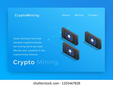Cryptocurrency mining. Crypto miners concept isometric vector illustration. Landing page design