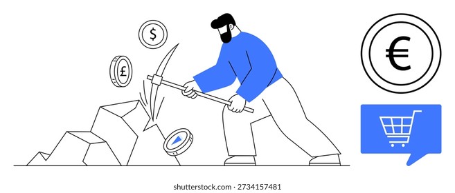 Minería de criptomonedas, comercio electrónico, economía digital, tecnología blockchain, gestión financiera y transacciones digitales. Un hombre usa un pico para minar monedas. Minería de criptomonedas