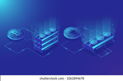 Cryptocurrency mining equipment, isometric ethereum digital currency extract, blockchain system dark blue vector illustration