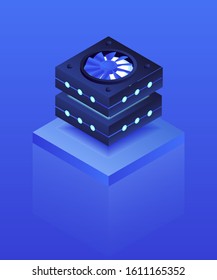 Cryptocurrency mining equipment. Isometric style. Blockchain technology, glass cube, blue vector background
