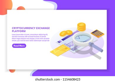 Cryptocurrency mining, exchange, blockchain isometric. Vector illustration.